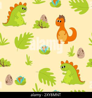 Smiling kind and cheerful green and orange dinosaurs on a sandy background with an egg, flowers, ancient prehistoric plants. Seamless pattern. Stock Vector