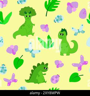 Seamless pattern with funny and happy dinosaurs, leaves, bugs, butterflies, orchid flowers on a yellow background. Charming characters. Stock Vector