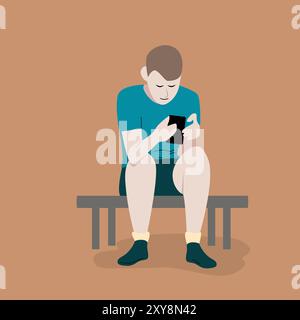 A teenager in shorts and a blue shirt sits and bent over a gadget and holds a smartphone in his hands. Concept of modern youth and virtual world in ca Stock Vector