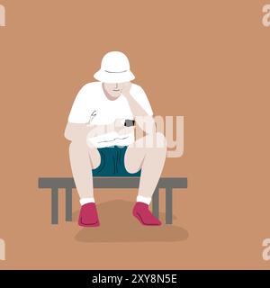 A teenager in shorts and a shirt and a Panama hat sits bent over and looks at a smartphone. The guy is fascinated by the gadget and does not notice. Stock Vector