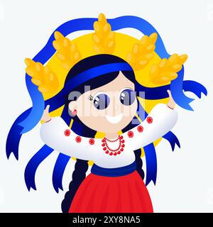 A Ukrainian girl in national clothes and ribbons holds a blue ribbon in her hands against the background of spikelets of wheat and the sun. Stock Vector