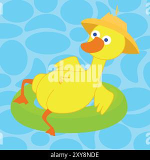 A funny duck swims on an inflatable circle in the lake. The duck put on a straw hat. Cheerful children's illustration in cartoon style. Stock Vector