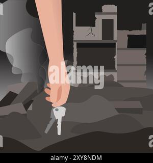 The concept of terrorism of the civilian population during the war. Shelling of a residential quarter at night. A man holds the keys to a destroyed ho Stock Vector