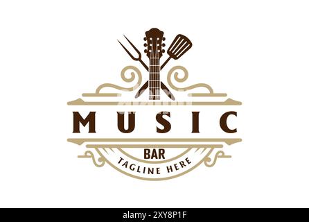 Retro Vintage Guitar with Crossed Fork and Spatula for Bar Cafe Music Badge Emblem Logo Design Stock Vector