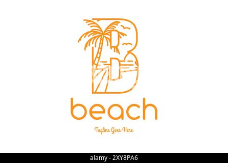Letter B with Palm Tree Wave Sea Sunset and Surfboard for Beach Surf Travel Vacation Logo Design Stock Vector