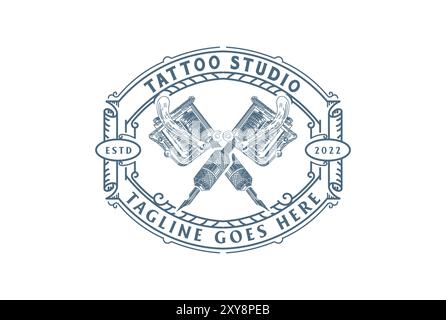 Vintage Retro Crossed Ink Tattoo Machine Badge Emblem Label for Studio Logo Design Stock Vector