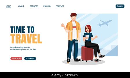 Young couple with suitcase showing thumbs up. Travelling concept website, web page design. Vector illustration. Stock Vector