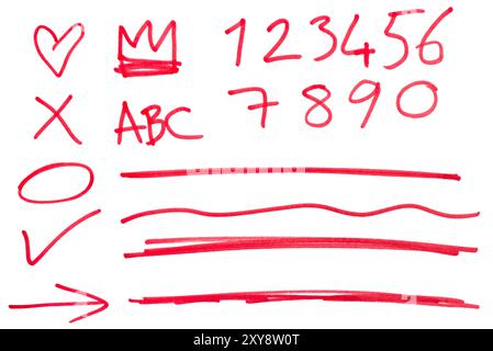 Abstract red doodle scribble set, hand drawn lines heart arrow check mark numbers highlight circle cut out design elements Stock Photo