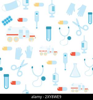 Medicine seamless pattern. Illustration ambulance car, medical gloves, stethoscope, test tube, pills, thermometer, syringe in cartoon style. Pattern f Stock Vector