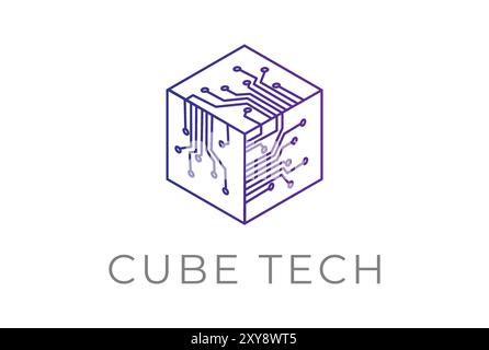 Futuristic Box Cube Digital Electronic Circuit Chip for Smart Tech Logo Stock Vector