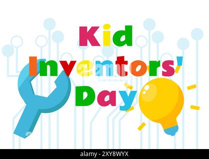 Children's Invention Day text and light bulb as idea symbol and wrench as invention symbol in cartoon childish style. Stock Vector