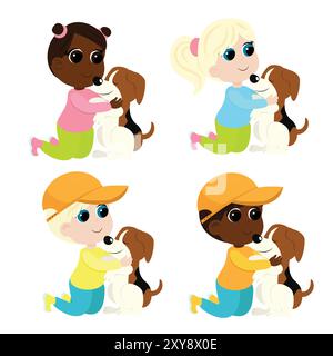 Set of boys and girls with a dog. The child is sitting on his lap, smiling and happy. Friendship between man and dog. Stock Vector