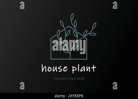 Simple Elegant House with Plant Leaf Line Style Logo Design Stock Vector