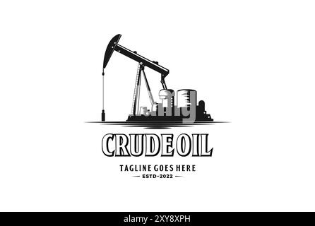 Vintage Retro Crude Oil Mining Pump Machine Silhouette Logo design Stock Vector