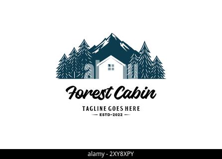 Mountain Pine Cedar Evergreen Conifer Cypress Larch Fir Forest with Cabin Cottage Logo Stock Vector