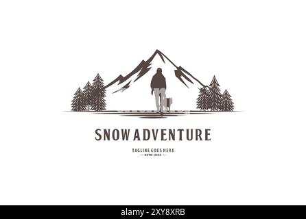 Walking Polar Hunter with Wolf Silhouette Vintage Rustic Hand drawn Logo design Stock Vector