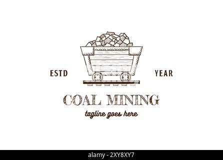 Vintage Retro Coal Mining Cart Wagon Logo Design Vector Stock Vector