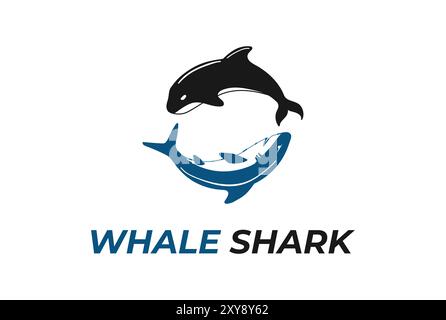 Circular Ocean Sea Orca Whale with Blue Shark Battle Logo Design Stock Vector