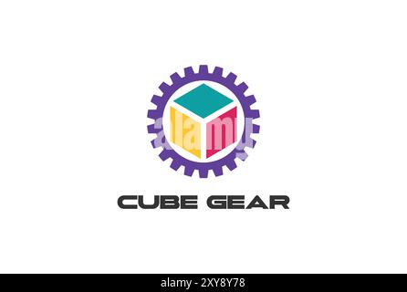 Geometric Cube Box Square with Gear Cog Driven Logo Design Stock Vector