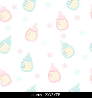 Seamless endless pattern of pink and blue feeding bottles on white background. Delicate pastel pattern for children's textiles, newborns, children of Stock Vector