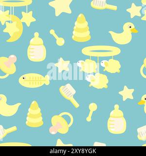 Seamless pattern in cartoon style for children's textiles, wallpaper, packaging, sites. Baby items feeding bottle, comb, mobile, dummy, yellow rattle Stock Vector