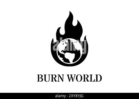 Retro World Globe Planet Burn Fire Flames Logo Design Stock Vector