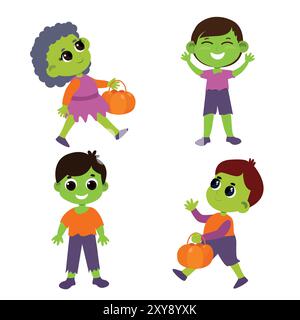 Set of children in zombie costumes with baskets in their hands. Halloween illustration in cartoon style isolated on white background. Stock Vector