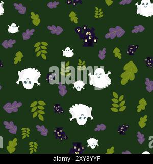 Seamless pattern cute ghost and castle and leaves. Halloween background in cartoon style. Pattern for packaging, textiles, wallpapers. Stock Vector