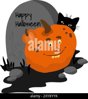 Grave, funny pumpkin, cat isolated on a white background. Vector Halloween illustration in cartoon style. Stock Vector
