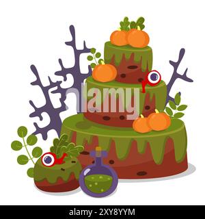 Cake three tiers for the Halloween holiday and a branch and the top of the eye in a cartoon style isolated on a white background. Vector illustration Stock Vector