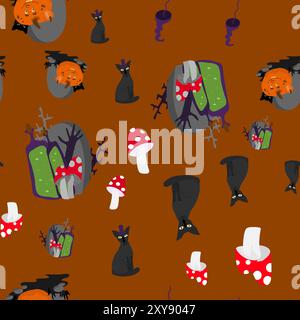 Seamless pattern cat, fly agaric, twigs and headstone. Halloween background in cartoon style. Pattern for packaging, textiles, wallpapers. Stock Vector