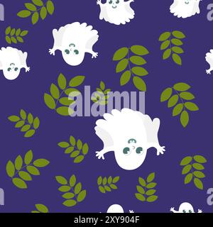 Seamless pattern leaves and cute charming ghost. Halloween pattern in cartoon style. Pattern for textiles, packaging, wallpapers. Stock Vector