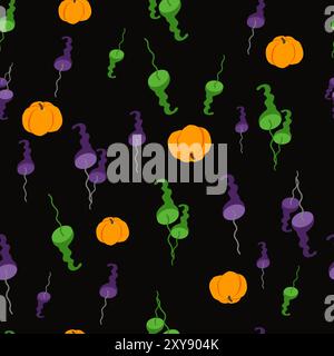 Halloween pattern with pumpkins and green and purple toadstool mushrooms on black background in cartoon childish style. Stock Vector