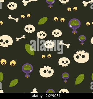 Seamless pattern skull, bone, leaves and poison or potion on a black background. Halloween background in cartoon style. Stock Vector