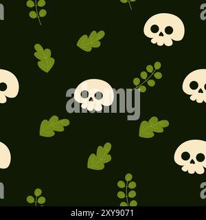 Seamless pattern cute skull and leaves. Halloween background in cartoon style. Pattern for packaging, textiles, wallpapers. Stock Vector