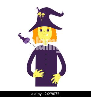 Cute witch in cartoon style. The witch is wearing a hat with mushrooms on top and a purple suit. She has warts on her face and yellow skin. Flat style Stock Vector