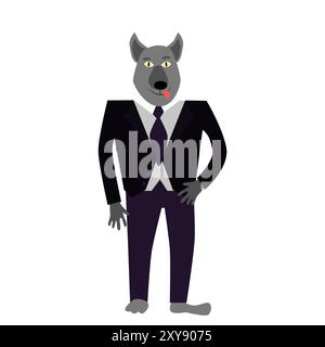 A werewolf in a classic business suit in the shape of a wolf. Jacket black pants purple. Halloween illustration in cartoon childish style for your hol Stock Vector