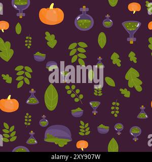 Seamless pattern pumpkin, leaves and a flask with a potion. Halloween background in cartoon style. Pattern for packaging, textiles, wallpapers. Stock Vector