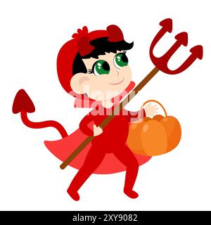 A small child is dressed in a devil costume. The child is very cute and is holding a gourd-shaped basket and a trident. Halloween character. Stock Vector