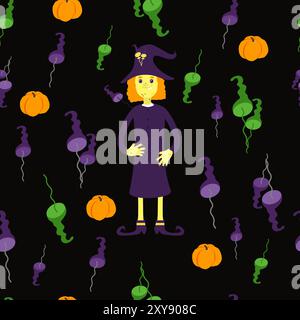 Halloween seamless pattern with witch and toadstools and pumpkins on a black background in cartoon style. For textiles, wrapping paper, holiday design Stock Vector