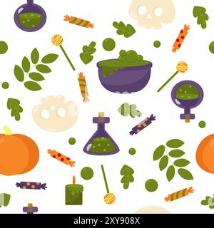 Halloween pattern and leaves, skull, potion, candles, pumpkin, candy in cartoon style on a white background. Stock Vector