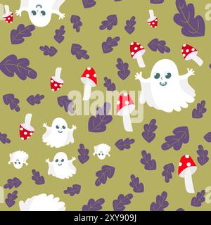 Seamless pattern leaves and a cute charming ghost with fly agaric on a green background. Halloween pattern in cartoon style. Pattern for textiles. Stock Vector