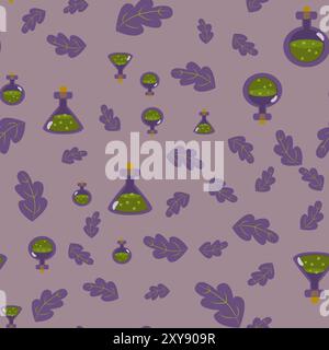 Seamless pattern leaves and flask. Halloween background in cartoon style. Pattern for packaging, textiles, wallpapers. Stock Vector