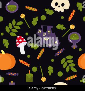 Pattern for Halloween. Leaves, skull, potion, candles, pumpkin castle, candy in cartoon style on a white background. Funny pattern for textiles. Stock Vector
