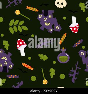 Leaves, skull, potion, candles, castle, candy, fly agaric and Halloween attributes in cartoon style on a brown background. Pattern for textiles Stock Vector
