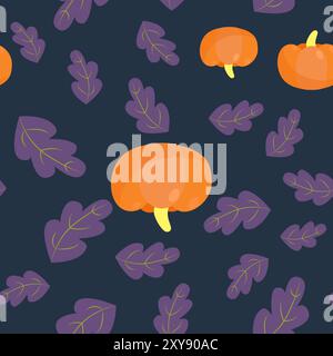 Seamless pattern oak and pumpkin leaves. Halloween pattern in cartoon style. Pattern for textiles, packaging, wallpapers. Stock Vector
