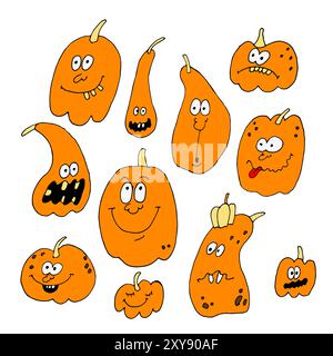 Vector hand-drawn orange doodles Halloween pumpkin. The faces of pumpkins with eyes, mouths depict different emotions, fun, fright. Drawing in cartoon Stock Vector