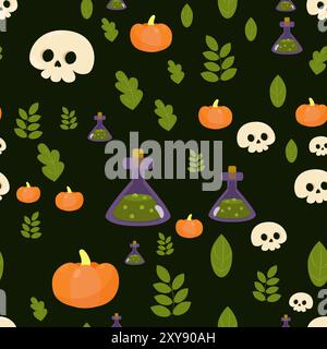 Seamless pattern cute skull and leaves, poison bottles, pumpkins. Halloween background in cartoon style. Pattern for packaging, textiles, wallpapers. Stock Vector