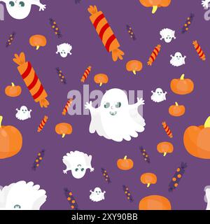 Seamless pattern cute ghost, candies and pumpkins on a purple background. Pattern for textiles and packaging. Stock Vector