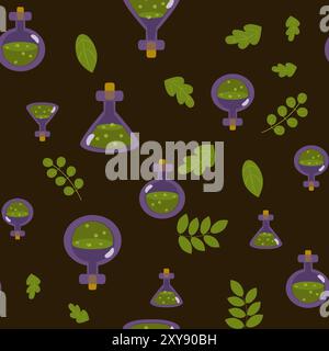 Seamless pattern flask with potion or poison and leaves. Halloween background in cartoon style. Pattern for packaging, textiles, wallpapers. Stock Vector